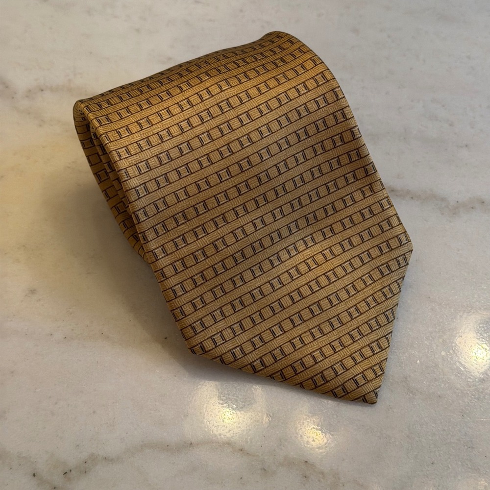 Stafford Executive Mens Silk Tie Gold Brown Geometric Square Pattern Necktie